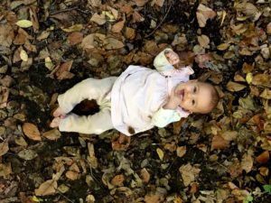 Baby in the forest wearing EC Wear Wool Diaper Cover and Re-Ewes Split Pants